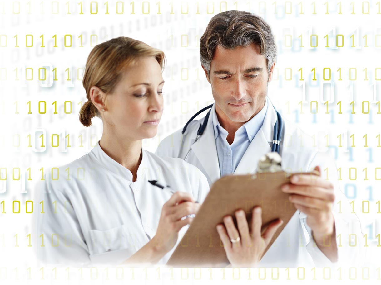 Two physicians examine a survey